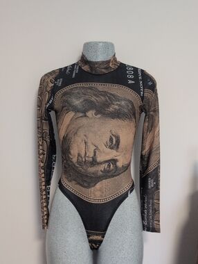 Graphic Money-Print Long Sleeve Bodysuit